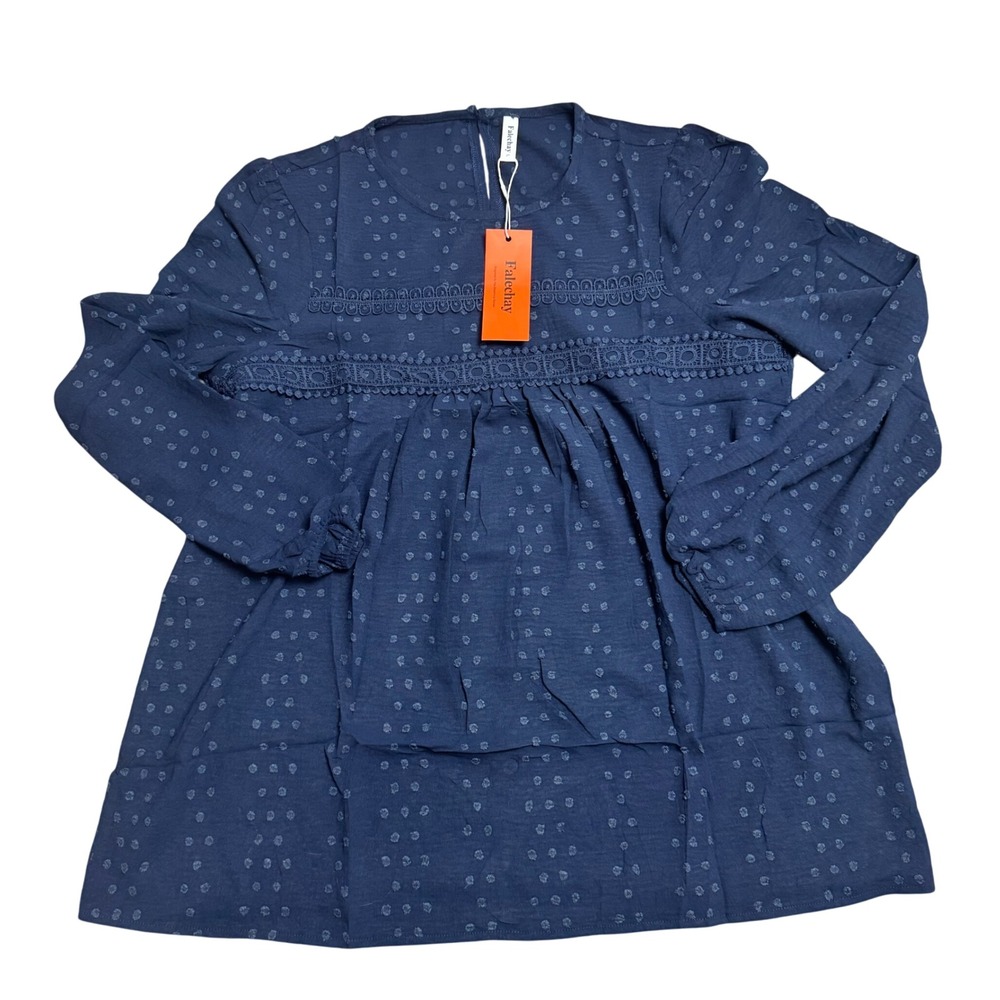 Falechay Women's Blue‎ Babydoll Peasant Long Sleeve Swiss Dot Top Blouse Size L